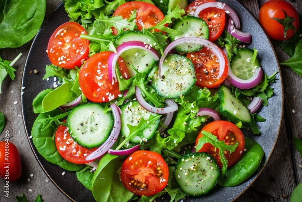 Healthy vegetable salad of fresh tomato, cucumber, onion, spinach, lettuce on plate Healthy vegetable salad of fresh tomato, cucumber, onion, spinach, lettuce on plate