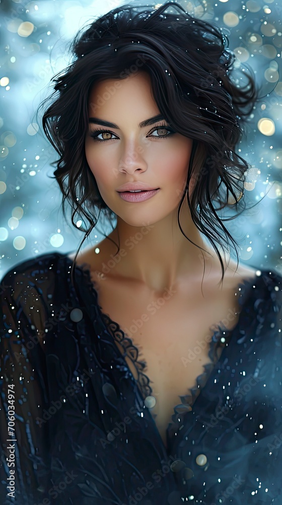 Photo-style illustration with a close-up shot and a blurred background. Feature a stunning woman with striking light blue eyes and long, flowing brunette hair - generative ai