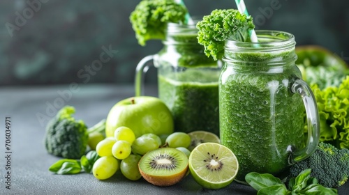 Glass jar mugs with green health smoothie  kale leaves  lime  apple  kiwi  grapes  banana  avocado  lettuce