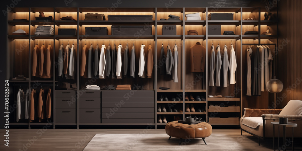 luxury wardrobe with a lot of expensive man clothes perfectly organized 