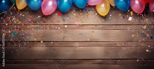 Colorful spring feeling ballons with a wood background for post background and banners for spring festives easter photo