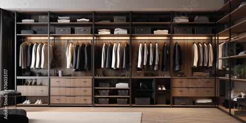luxury wardrobe with a lot of expensive man clothes perfectly organized  photo