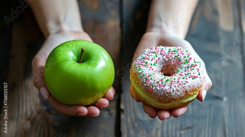 Woman hand holding an green apple and a calorie bomb donut photo