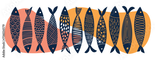 Set of abstract and modern fish, in warm colors. Vector hand-drawn illustration