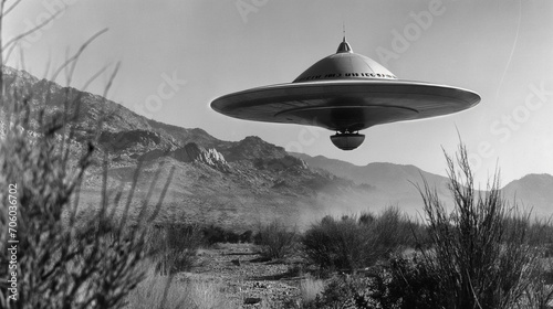 A monochrome photograph capturing a 1950s-style flying saucer suspended in the desert photo