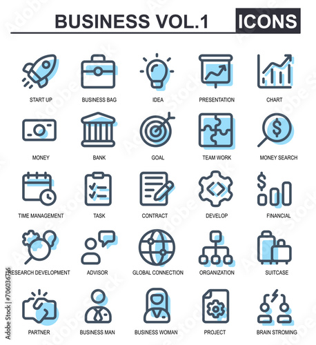 collection of business icons.filled line style.contains startups,bags,ideas,presentations,charts,finance,development search,advisor,global connection.good for application icons.
