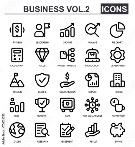 set of business icons outline style.contains payment,leadership,profit,growth,analysis,pie chart,calculator,value.Good for application icons.
