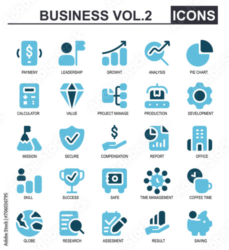 business icon set.duo tone blue style.contains diamonds,project manager,production,develop,success,global.good for application icons.
 photo
