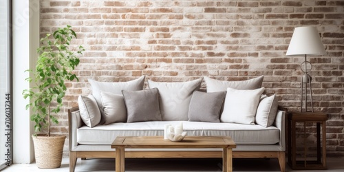 Vintage-style brick wall  beige wood table  smoky gray cushion with white-framed tall glass window and natural lighting in a white cafe room  living room  or lounge.