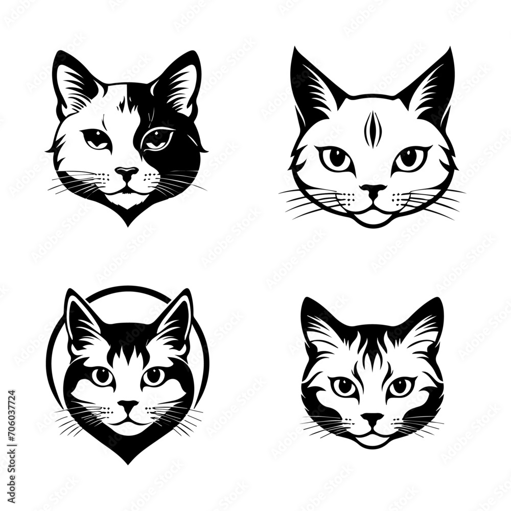 Set of cat head character vintage line art concept hand drawn illustration isolated