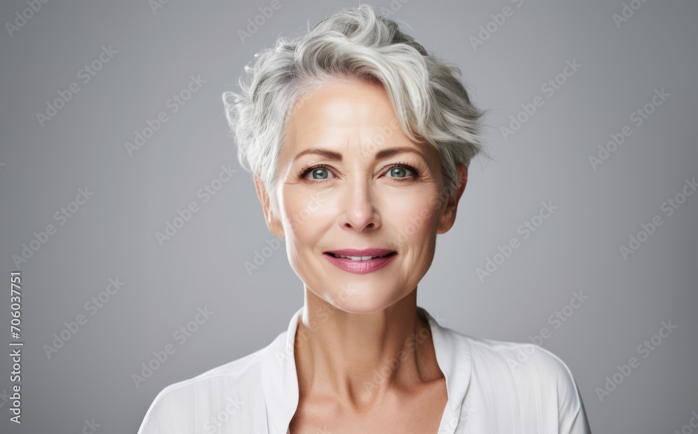 On a gray backdrop, the portrait captures the timeless beauty and graceful wisdom of an elderly woman with silver hair.Generated image