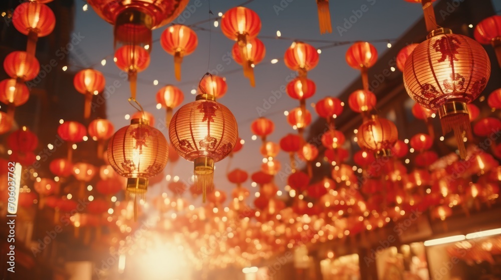 Lanterns glowing at dusk during Asian cultural festival. Traditional celebration and decoration. Lanterns glowing at dusk during Asian cultural festival. Traditional celebration and decoration.