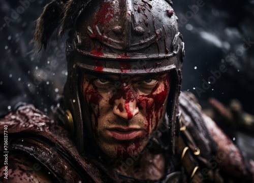 The face of a bloodied Spartan warrior, marked by battle scars, reflects stoic determination and unwavering bravery up close.Generated image