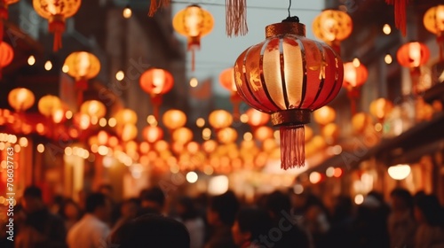 Illuminated red lanterns decorating vibrant street festival. Chinese New Year celebration.