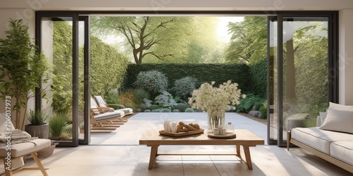 Stylish designer room with bifold doors provides view of summer garden and patio.