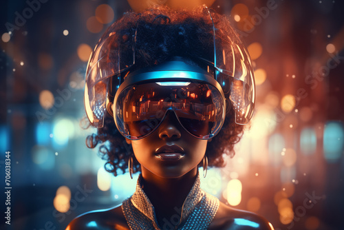 A young, beautiful woman in afro style with futuristic glasses on her head. This image captures the concept of future fashion, modern technology, and individual culture.