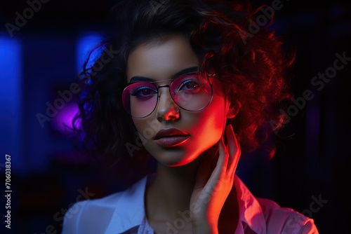 female studio portrait in neon light, wearing glasses