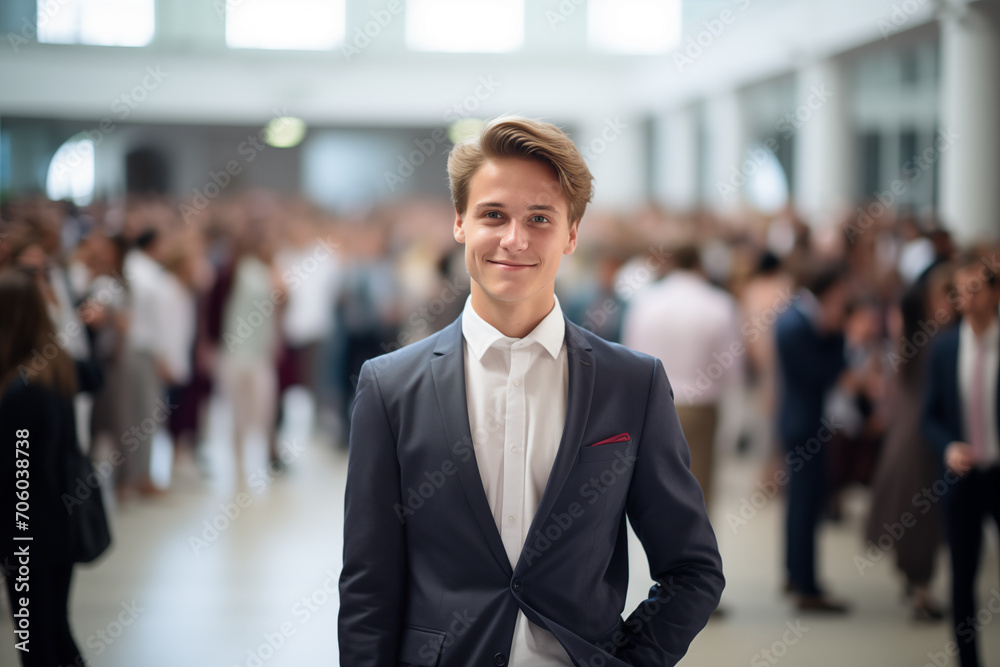 Young Professional in Business Suit at a Large Event Young Professional in Business Suit at a Large Event