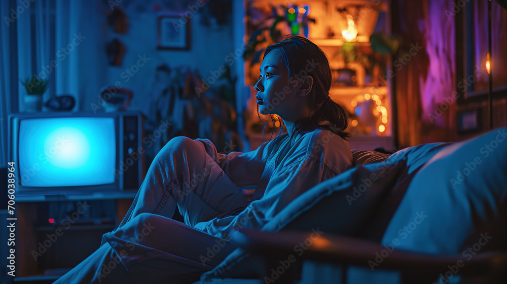 Relaxed Girl in a Cozy Room with TV On, Illuminated in Orange and Blue