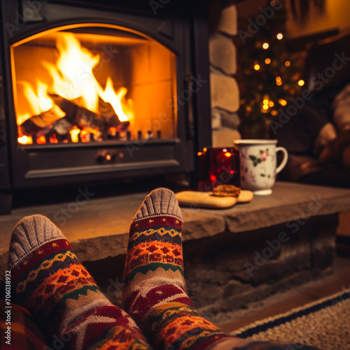 A Set of Cozy Socks by a Fireplace 