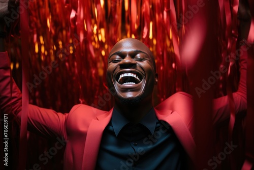 A cheerful black man in party with red serpentines