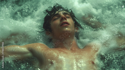Serenity in Suspension: Male Floating in Bubbling Waters. A young man's peaceful face is the focus as he floats weightlessly amidst effervescent waters, the light casting a warm, ethereal