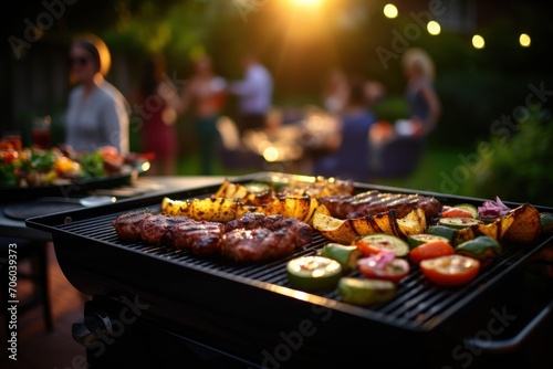 Enjoy the barbecue of meat and vegetables in the garden of the house. The background of enjoying with a jerky family and friends. Lifestyle concept for holidays and vacations. photo