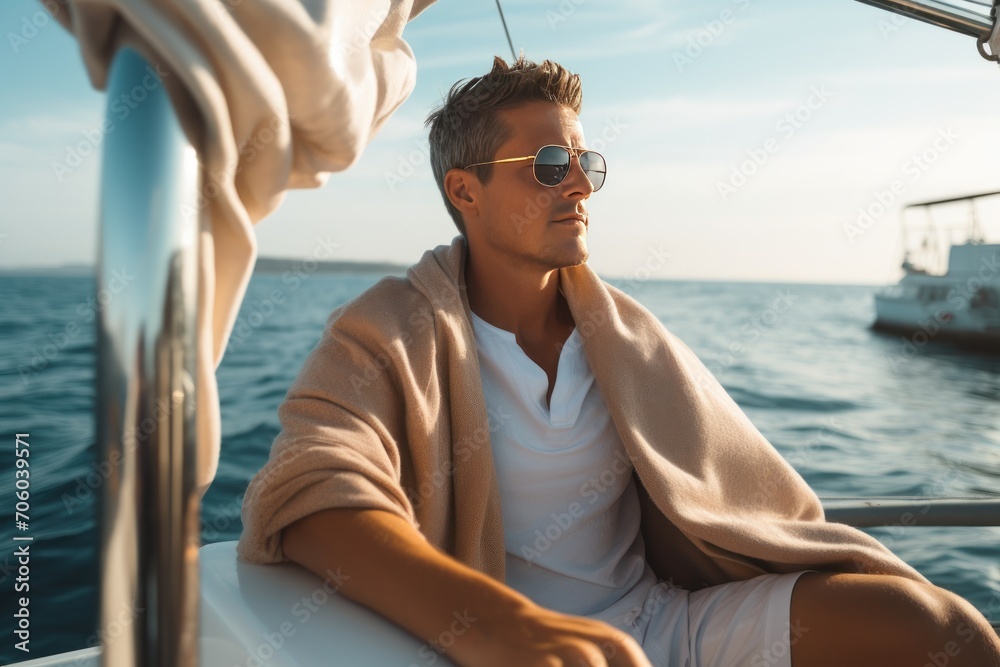 Positive adult male in sunglasses and towel sitting on expensive boat floating on sea in sunny day