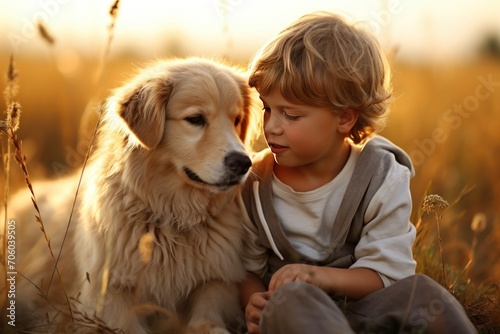 A Little boy kisses the dog in the field in summer day. Friendship, care, happiness, Cute child with doggy pet portrait at nature in the morning. Generative