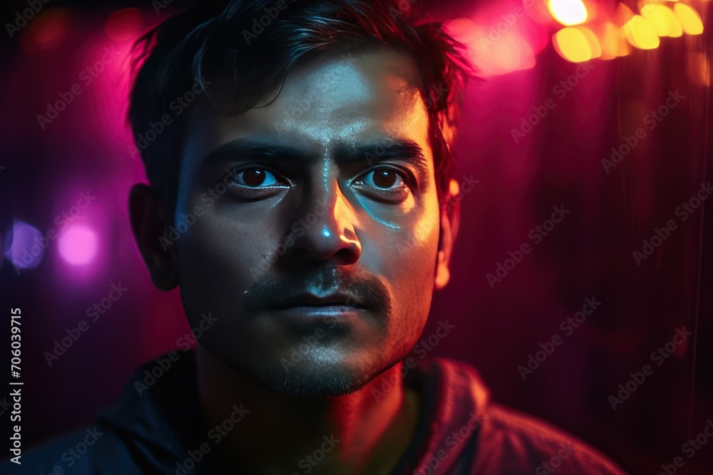 Portrait of man lit by neon colored lights on face