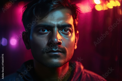 Portrait of man lit by neon colored lights on face