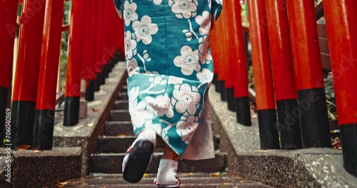 Stairs, feet and person exploring steps in Tokyo, aesthetic and walking for wellness. Japanese person, traditional shoes and culture or aesthetic in outdoors, cardio and travel or commute in city photo