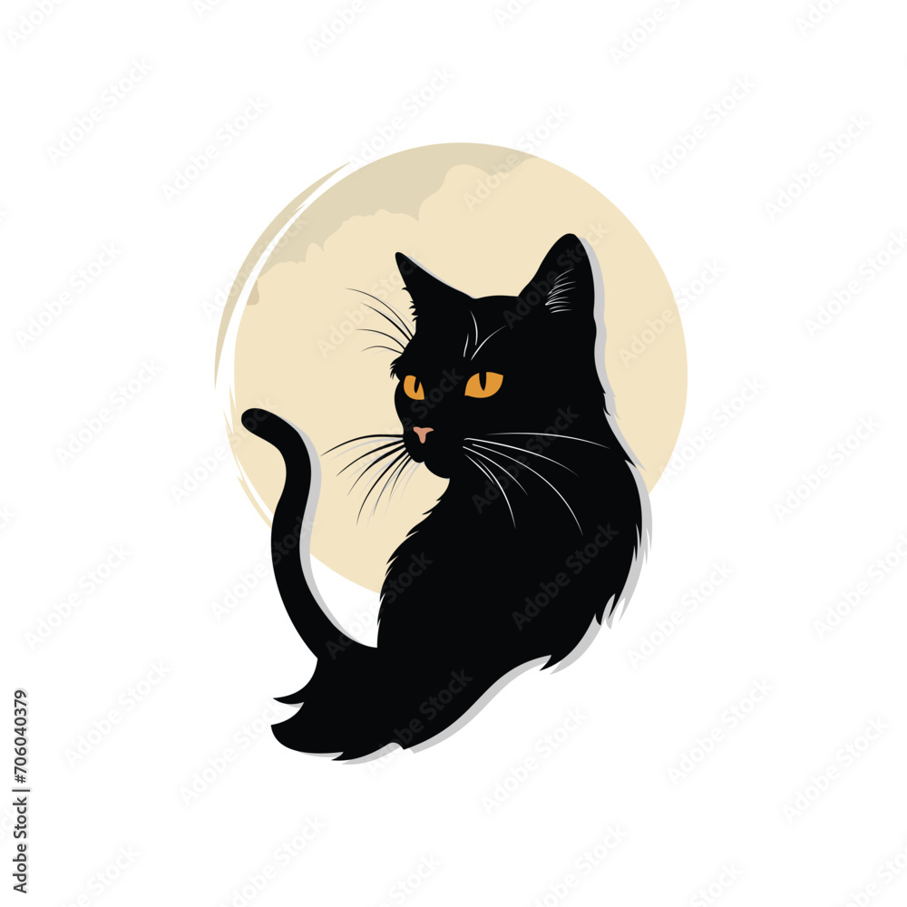 black cat on a white background with beige circle moon 