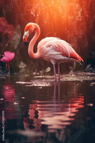 A pink flamingo standing in the water with pink flowers. Generative AI.