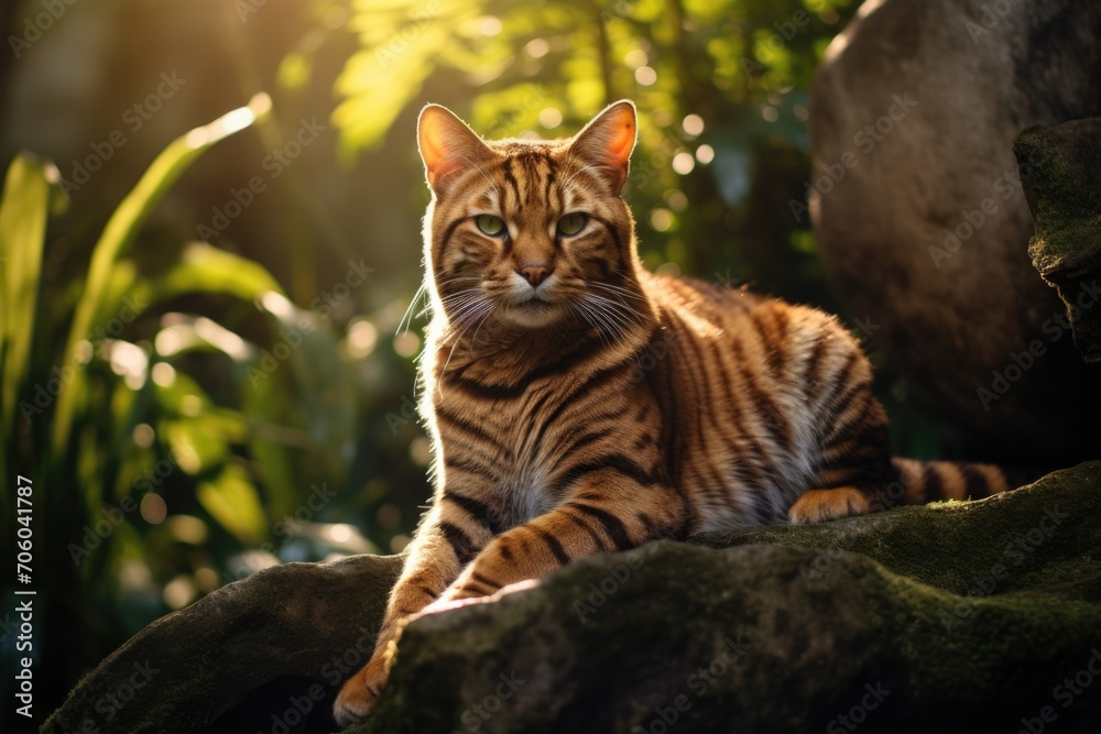 A cat sitting on a rock in the sun. Generative AI. A cat sitting on a rock in the sun. Generative AI.