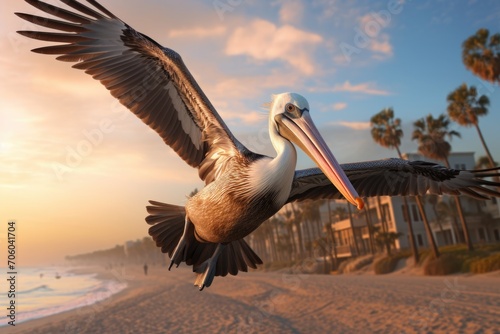 A pelican is flying over the beach at sunset. Generative AI. photo