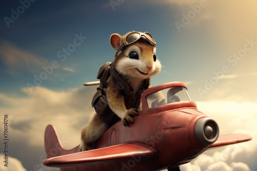 A cartoon squirrel riding on a small plane. Generative AI. photo