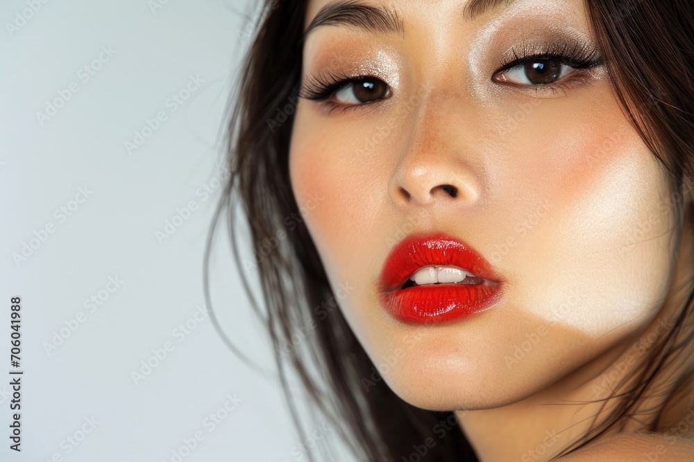 Night-out portrait of an Asian woman, glamorous makeup, white background Night-out portrait of an Asian woman, glamorous makeup, white background