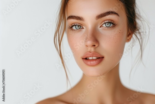 Luminous portrait of a European woman, glowing skin, white background