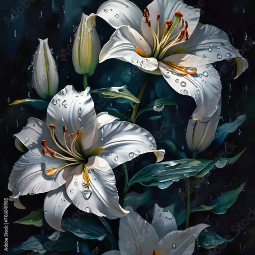  oil paint illustration of white lilies on a dark background with water drops, Beautiful, botanic, lily flower. AI Generated