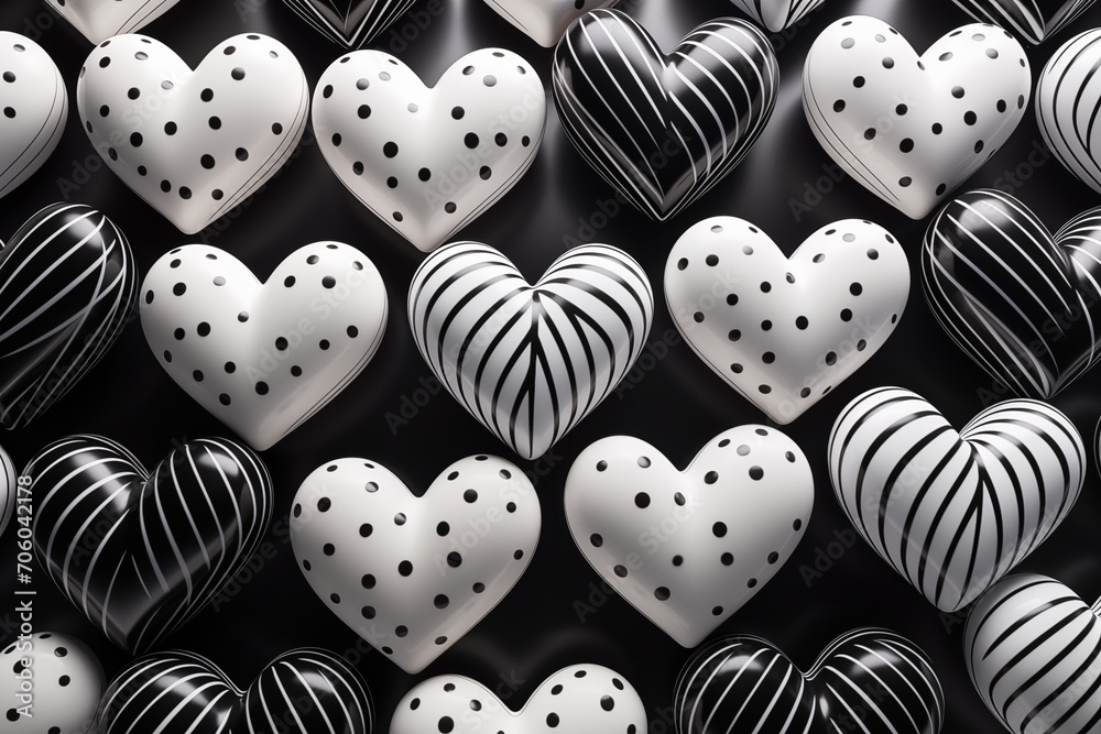 Valentine's Heart Background. Hearts. 3d Black and white hearts. Inflated 3d hearts. Monochorome Love.