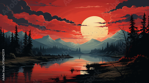  sunset landscape with lake, clouds on red sky, silhouettes on hills and trees on coast