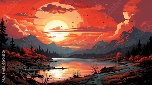  sunset landscape with lake, clouds on red sky, silhouettes on hills and trees on coast