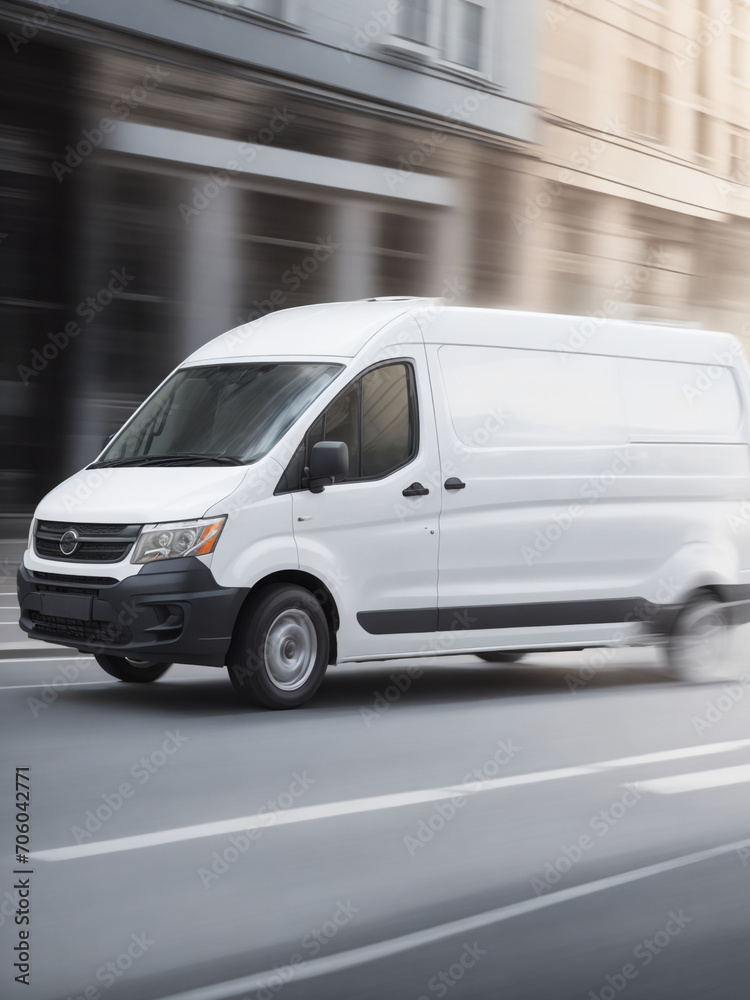 fast moving car, white delivery van side view on blur city street background, moving minivan in urgent fast motion, concept of logistics, food merchandise commercial delivery or post service, banner 