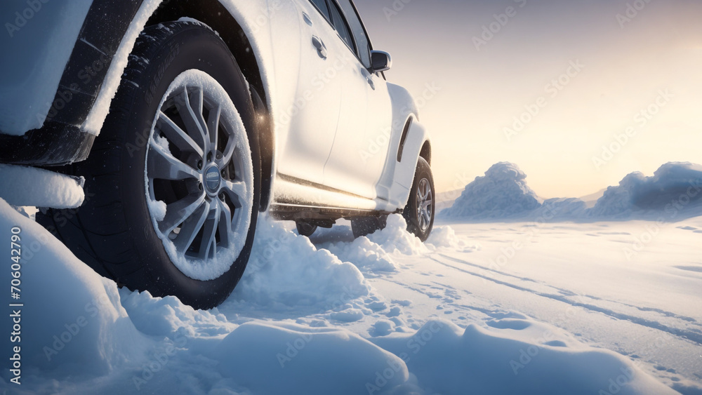 snow covered car, winter driving on icy road close up of vehicle car transport tire in snow background landscape. , Winter tire with detail of car   in winter snowy season on the road  and morning  