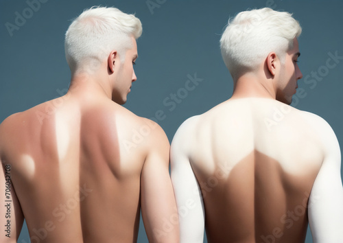 person with a pain, White men with hypopigmentation, white patches without pigment on back just above bum,  Website, application, games template. Computer, laptop wallpaper. Design for landing photo