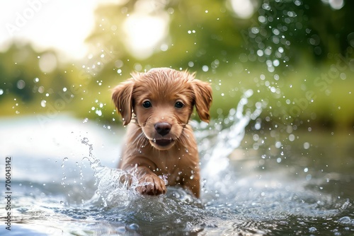 puppy splashing in water, joyful, summer day