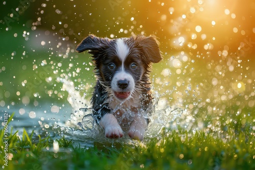 puppy splashing in water, joyful, summer day