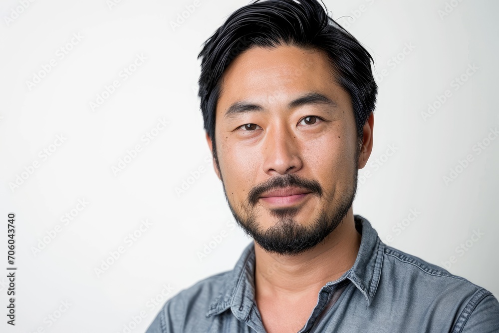 Rugged portrait of an Asian man with a beard, white background Rugged portrait of an Asian man with a beard, white background