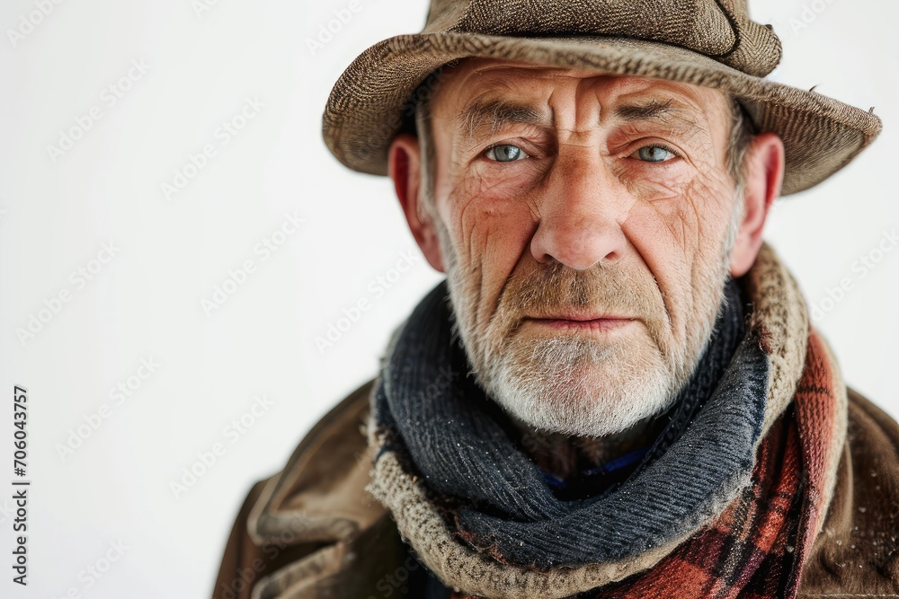 Rustic portrait of a European man with a countryside look, white background Rustic portrait of a European man with a countryside look, white background